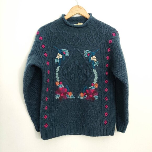 L.L. Bean Vintage Intarsia Floral Embroidered Teal Cable Wool Sweater Medium - Picture 2 of 8